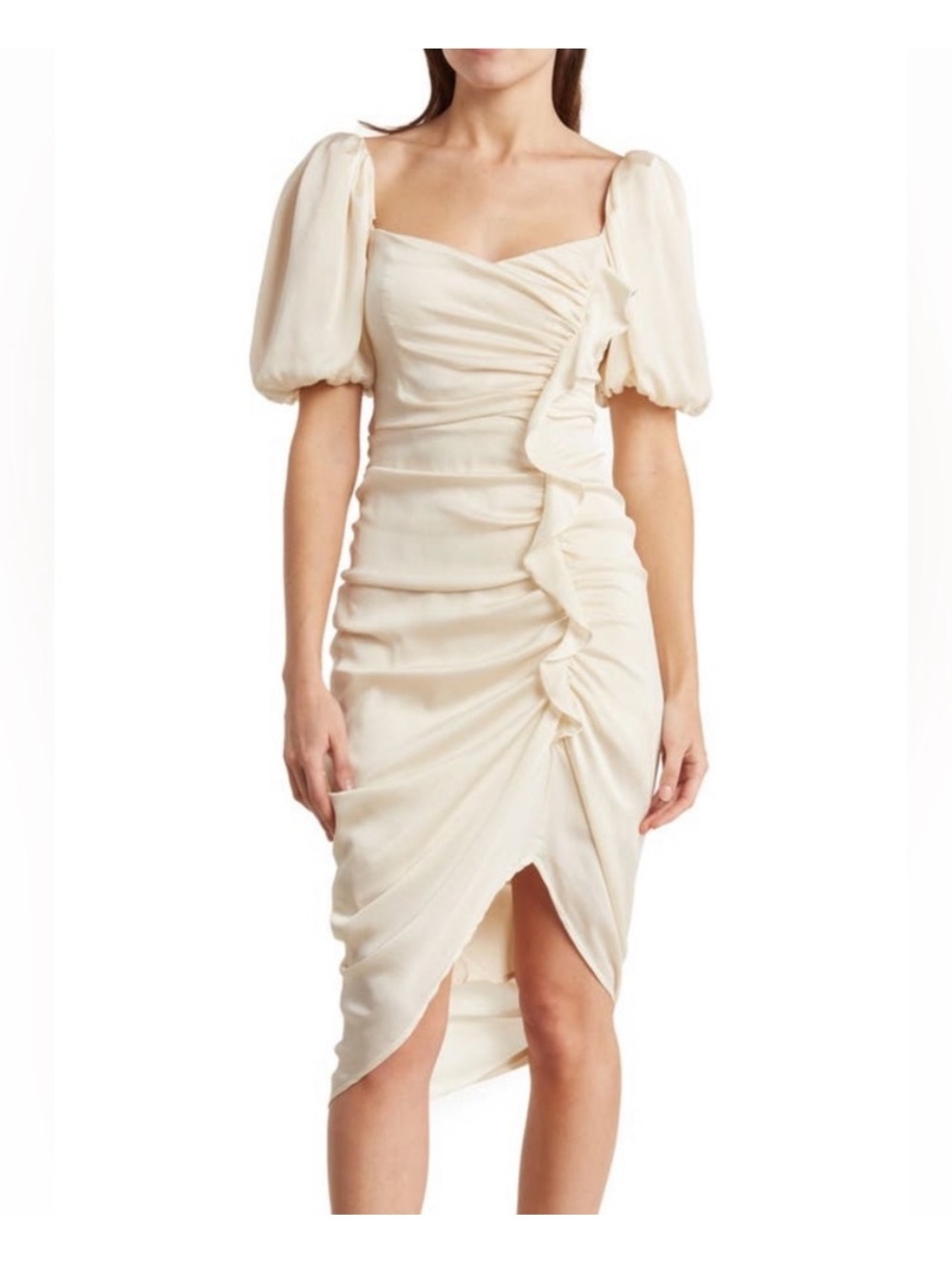 ASTR the Label Emma Ruched Dress Cream Square Neck Puff Sleeve Midi Size M